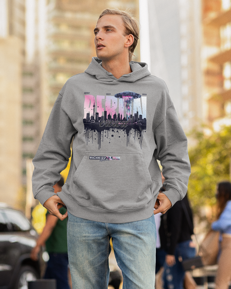 Berlin City Hoodie, schöner Männer Hoodie deiner Hauptstadt Berlin mit abstrakten Streetwear Motiv und Skyline Print, Kapuzenpullover Unisex Hoodie grau
