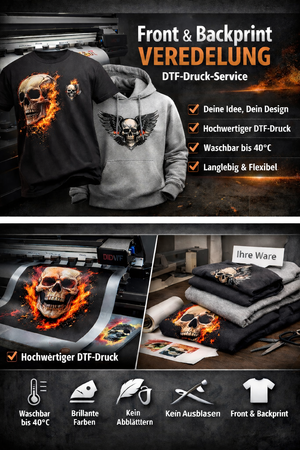 Du hast eigene Kleidung und willst sie hochwertig veredeln lassen?
Mit diesem Front und Backprint Veredelungsservice erhältst du ein professionelles Druckpaket für deine eingesendeten Textilien. Du sendest uns deine Ware (z. B. T-Shirts, Hoodies, Jacken), wir veredeln sie mit einem fertigen Design per hochwertigem DTF-Druck auf Vorder- und Rückseite. Wir bieten zu unserer eigenen Streetwear Kollektion auch einen Design Service für deine Bekleidung über unseren Customshop.