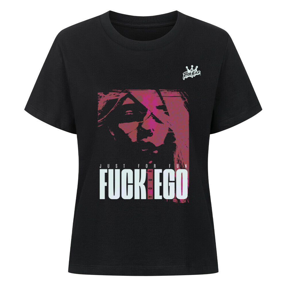 Singlejersey in normaler Passform für Damen. Hochwertiger frecher Print mit Ansage, Farbe schwarz aus Bio Baumwolle, fck ego frontprint