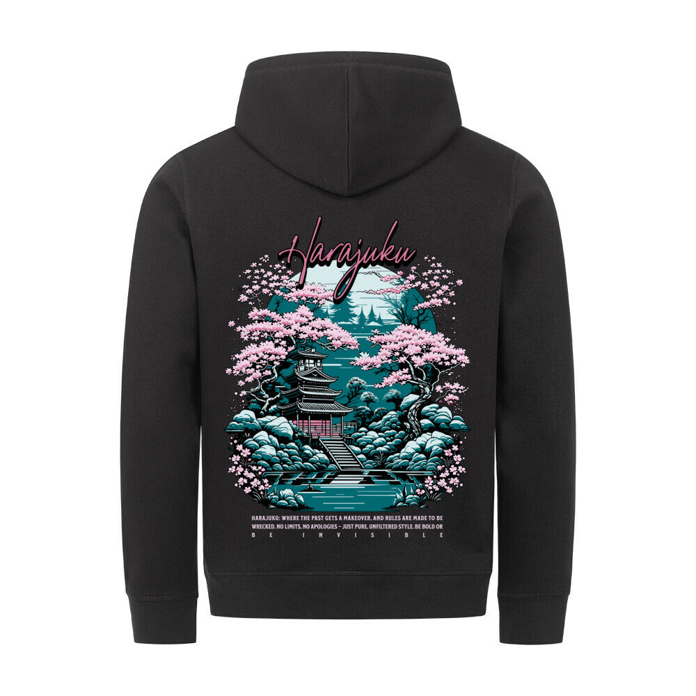 Klassischer geschnittener Bio Kapuzenpullover mit Bauchtasche und Japan Streetwear Harajuku Motiv.