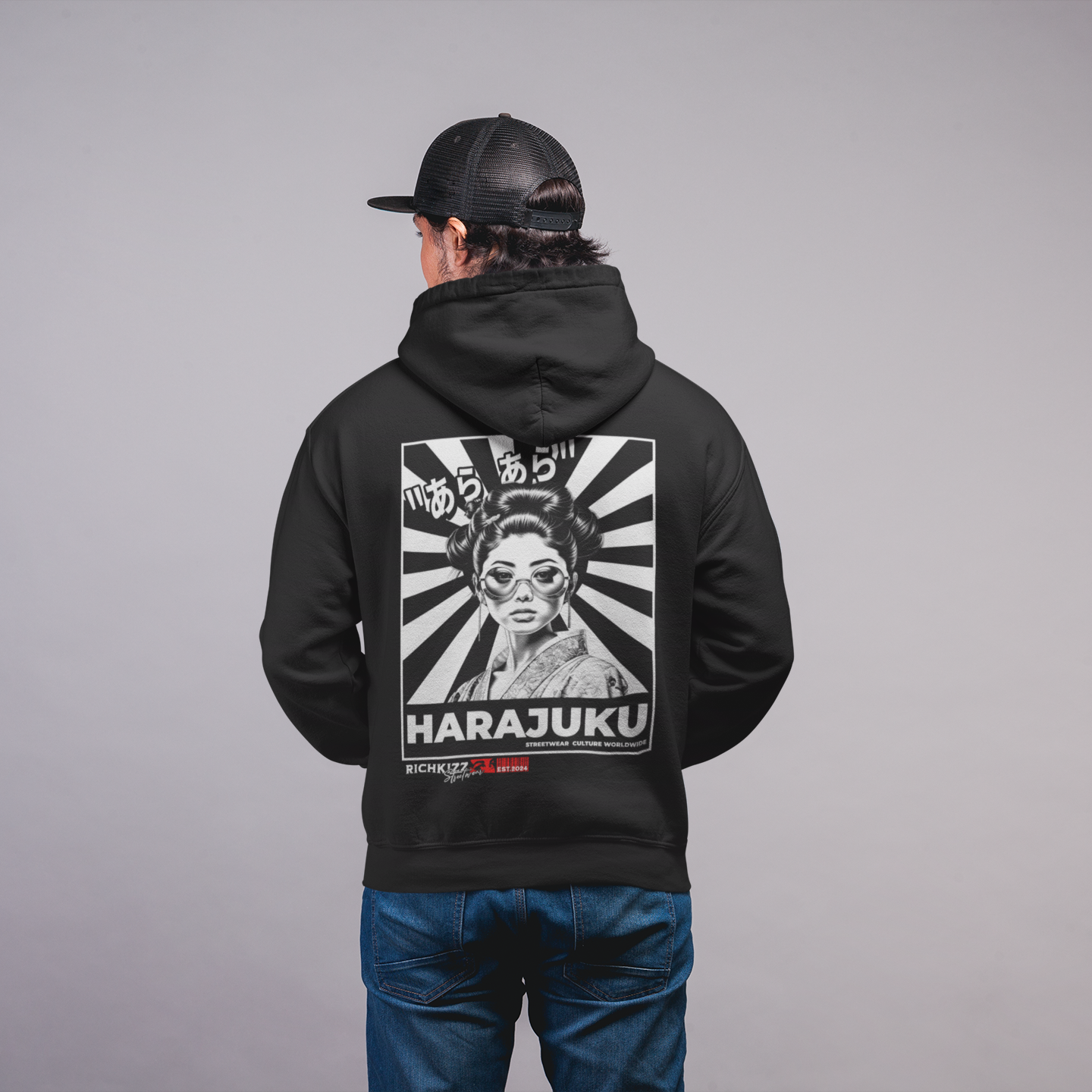Harajuku Hoodie unisex schwarz Richkizz 3ai streetwear, cooler Japan Hoodie mit Print