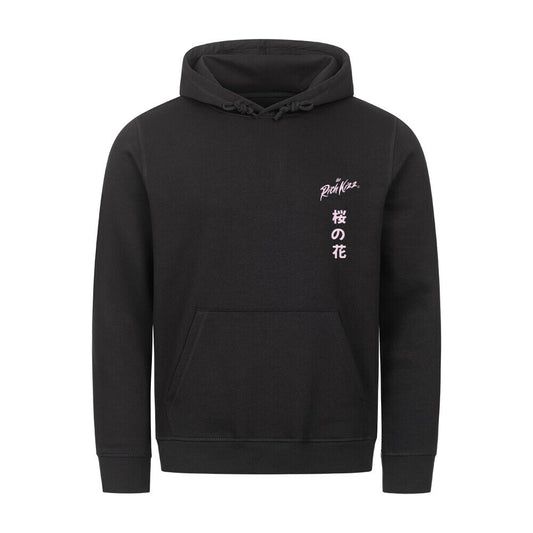 Klassischer geschnittener Bio Kapuzenpullover mit Bauchtasche und Japan Streetwear Harajuku Motiv schwarzer Frauen Hoodie