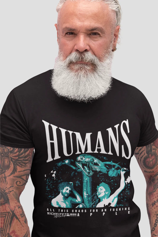schwarzes Herren Premium T-Shirt "Adam und Eva", Satire Shirt für Männer mit Humans Print, Streetwear T-Shirt Jungen