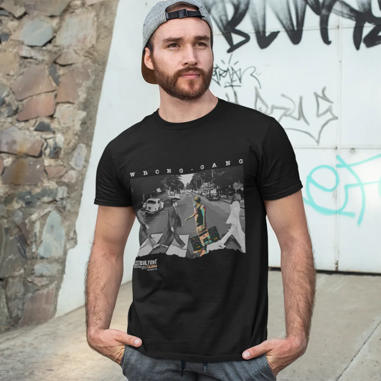 Herren Premium T-Shirt wrong Gang, beatles satire sreetwear T-Shirt, Funs Shirt Streetwear von Richkizz, schwarzes Designer Herren Shirt, Männer Shirt mit Print Ghettoblaster boombox