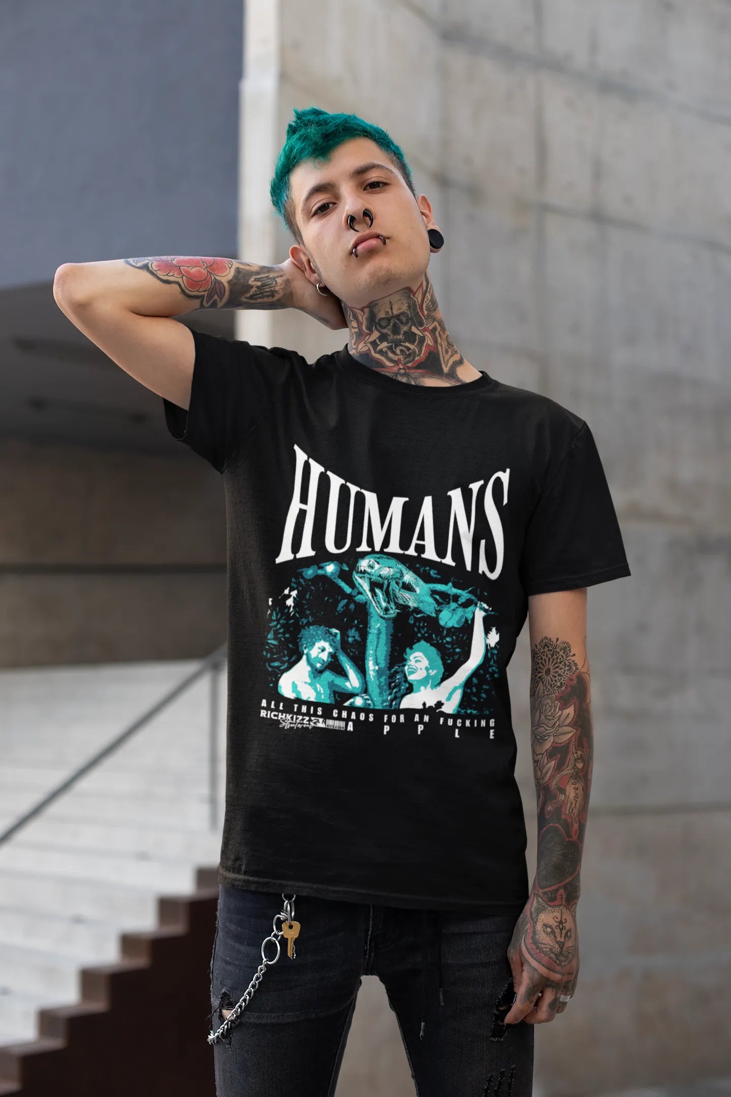 schwarzes Herren Premium T-Shirt "Adam und Eva", Satire Shirt für Männer mit Humans Print, Streetwear T-Shirt Jungen normale Passform