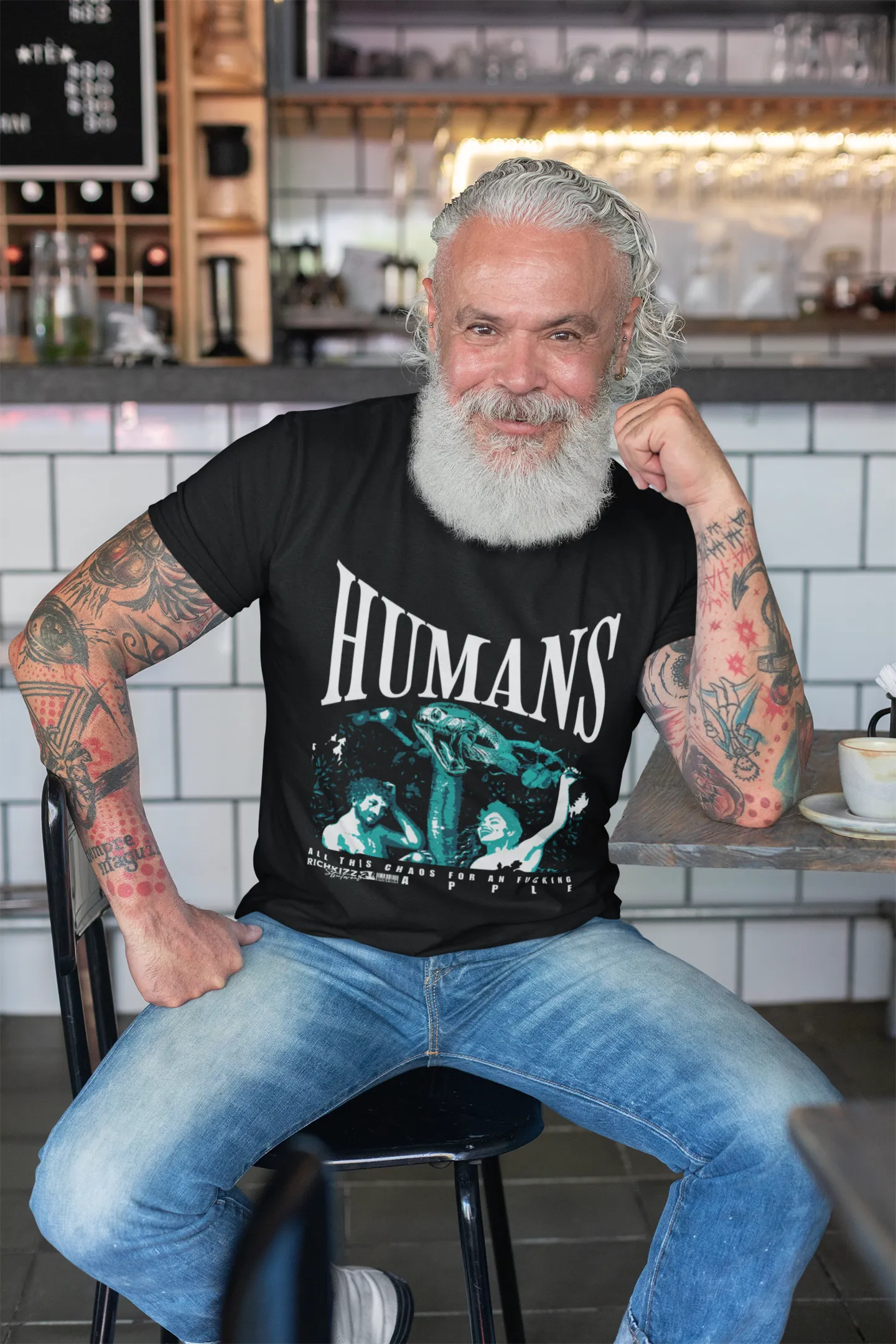 schwarzes Herren Premium T-Shirt "Adam und Eva", Satire Shirt für Männer mit Humans Print, Streetwear T-Shirt Jungen und alt