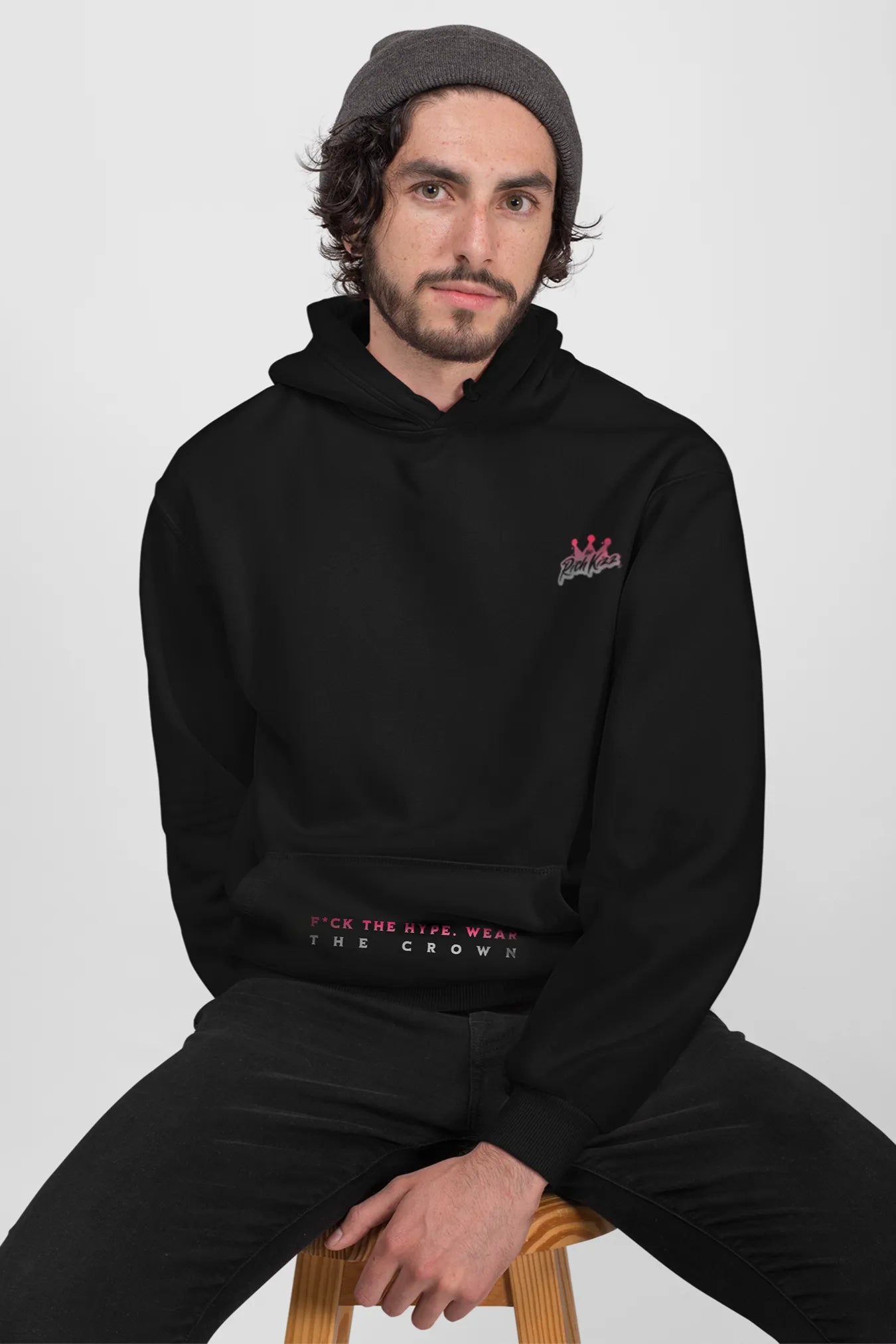 Streetwear Hoodie Männer schwarz mit Lion Motiv, Backprint Kapuzenpullover Richkizz, mit Taschenprint