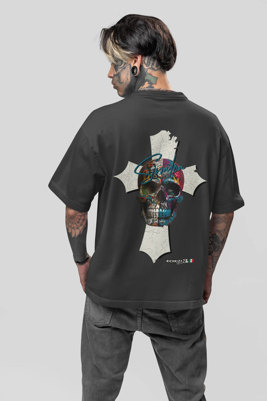 Sinaloa Shirt Oversized Streetwear Herren oversize Tee Skull mexico t-shirt streetwear richkizz, Kreuz mit Skull Totenkopf Motiv Farbe washed black