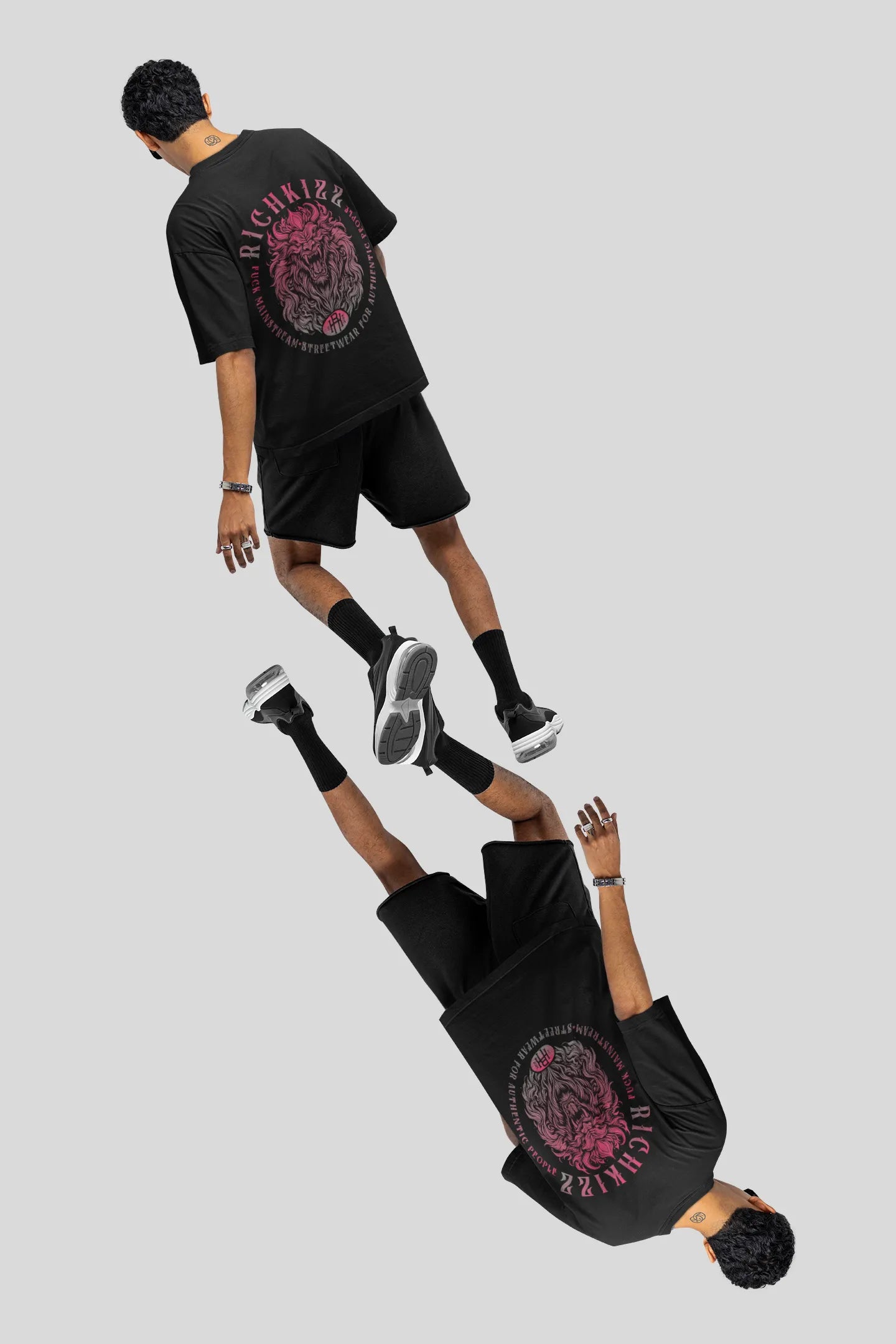Oversized Shirt Männer Richkizz Lions Club V2, schwarzes Streetwear Oversized Shirt mit Löwen Motiv, angesagte Klamotten für Männer