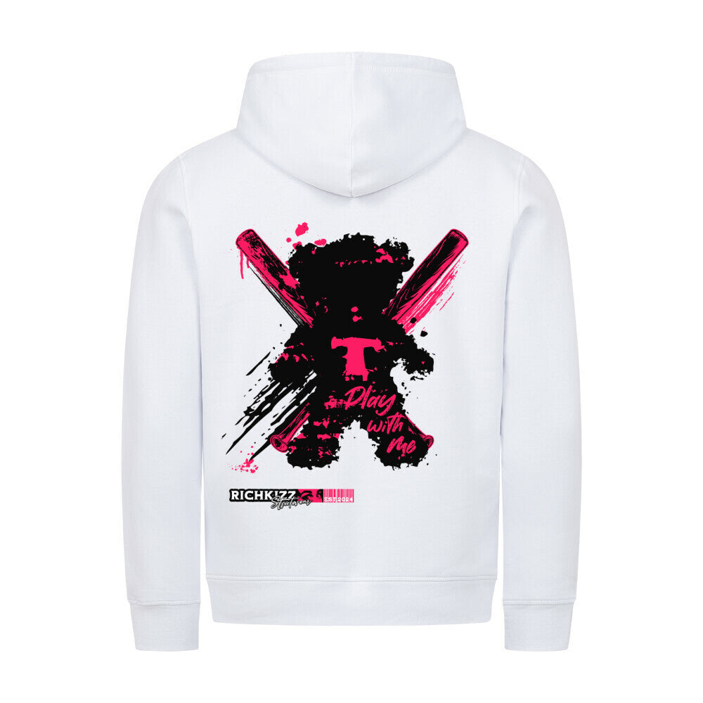 organic Premium Hoodie Teddy Motiv mit Baseballschäger, weiss aus Bio Baumwolle, cooler Kapuzenpullover Herren Unisex