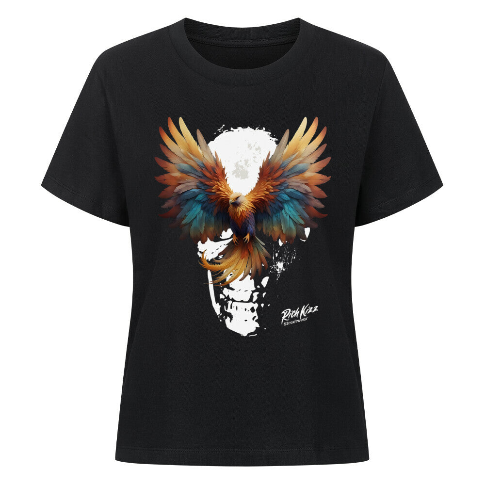 100% Bio-Baumwolle und neuer Schnitt! Hier ist das neueste Update unseres bekannten Damen-T-Shirts, das Singlejersey in normaler Passform ist. Schon lange ein Klassiker, jetzt noch besser in dieser brandneuen Neuauflage! 100% gekämmte ringgesponnene Bio-Baumwolle, 180 GSM, Farbe schwarz, Skull mit Goldenen Phönix Motiv