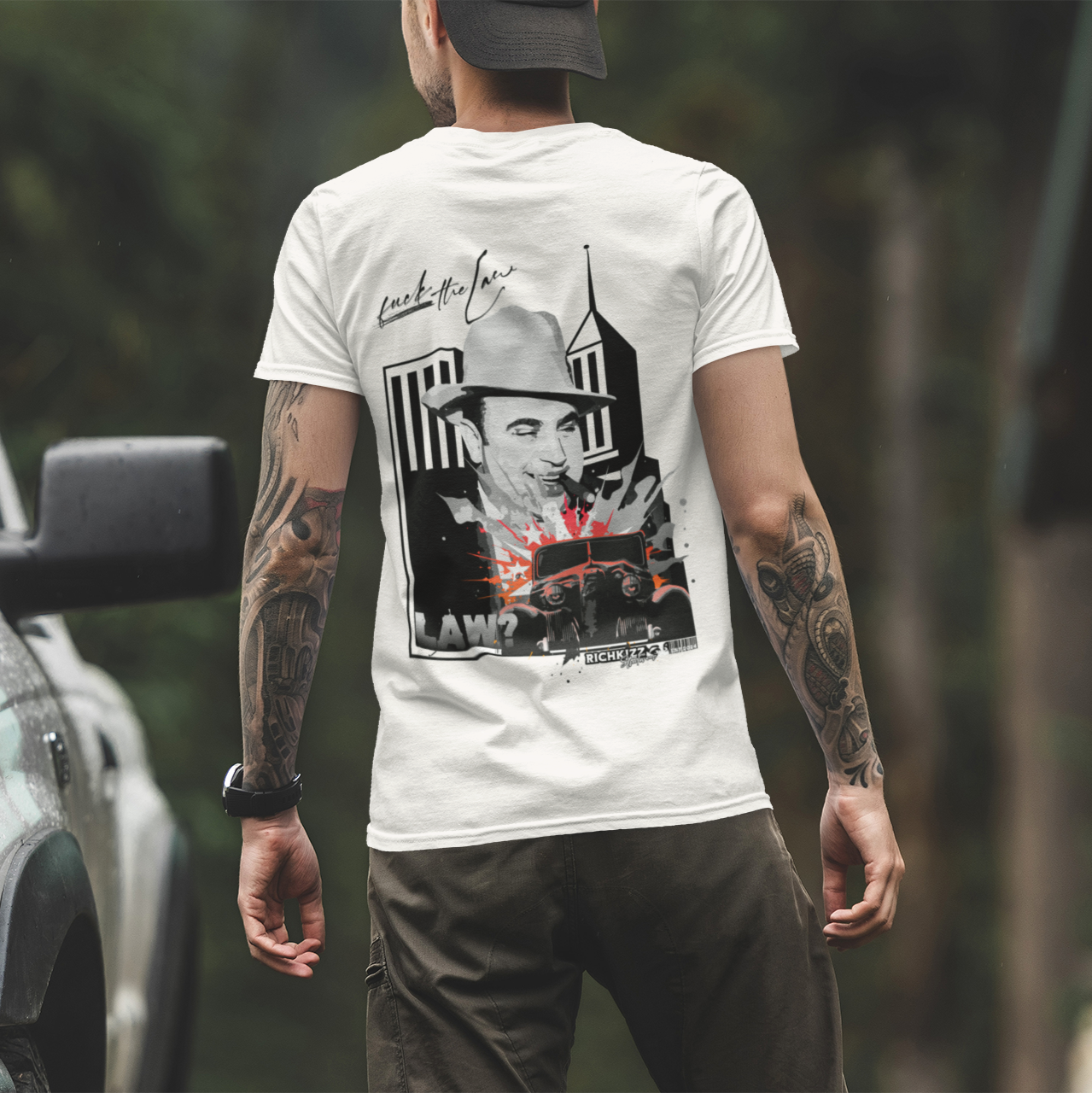 capone_shirt_richkizz Männer Streetwear T-Shirt mit Capone Print f*ck the law, natural raw premium Herren Shirt