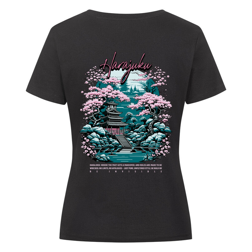Singlejersey in normaler Passform im Damen-Schnitt aus der Harajuku Streetwear Edition. Japan Streetwear Sakura Frauen T-Shirt schwarz rosa