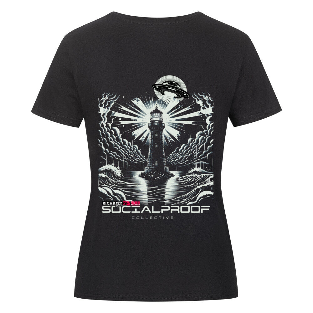 Social Proof Shirt Frauen, schwarzes Bio-Baumwoll T-Shirt für Damen, UFO Leuchtturm Motiv, Richkizz Streetwear
