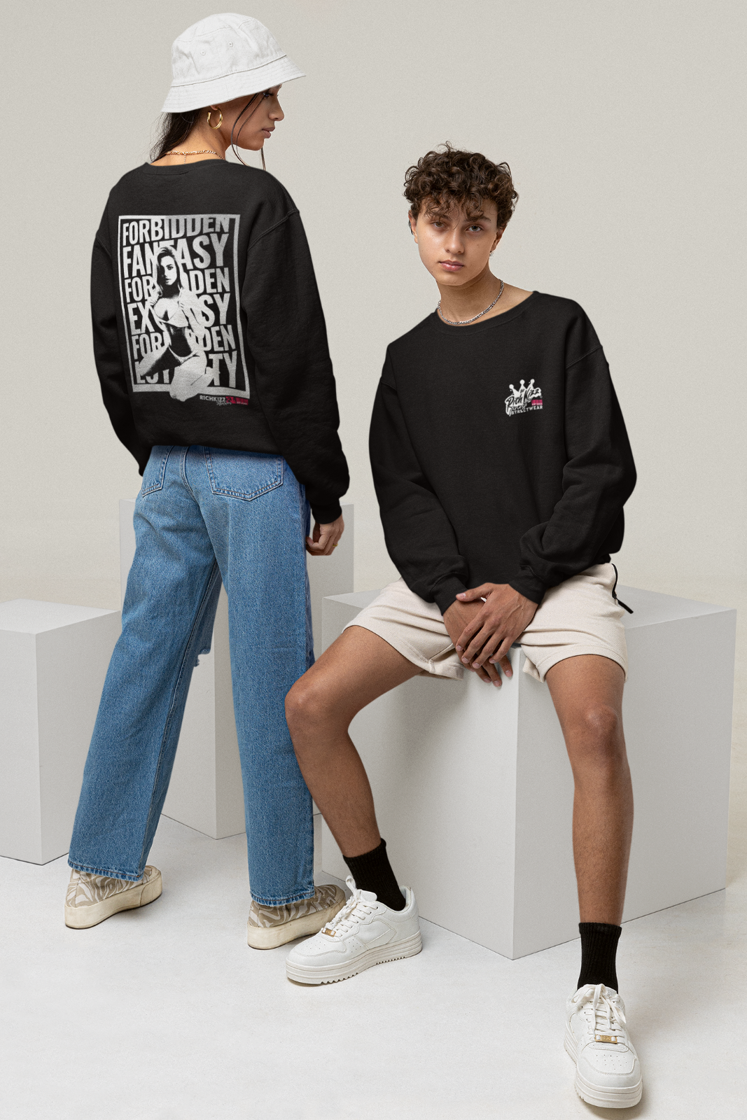 Sweatshirt_forbidden_Richkizz Pullover mit Print Streetwear sexy Girl Motiv schwarz, Fantasy Backprint cooler Pulli für Männer und Frauen