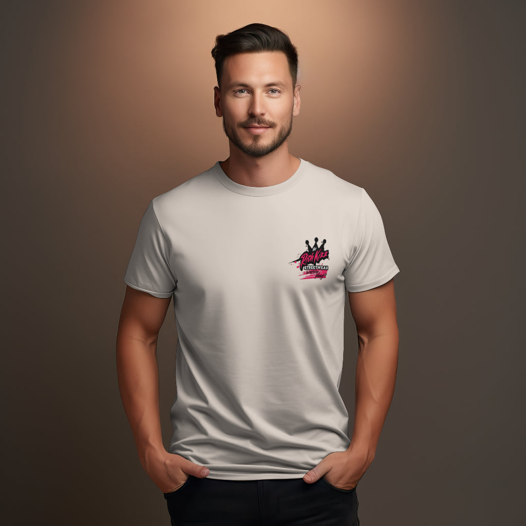 Herren Männer UnisexT-Shirt Richkizz Teddy Baseballschläger Premium Shirt Farbe Natural raw cooles Printshirt mit Teddybär Motiv Backprint Böser Bär Logo
