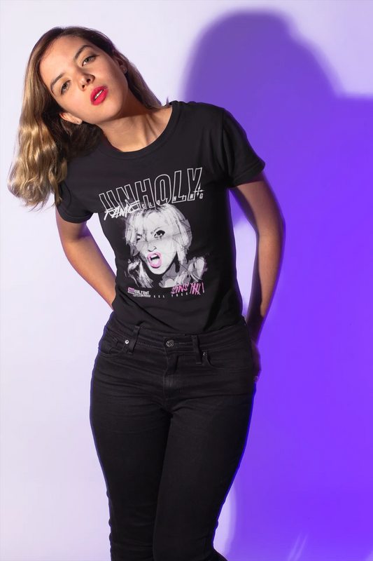 Damen Organic Streetwear T-Shirt mit unholy madonna Motiv, schwarz, freches bedrucktes Frauen lifestyle Shirt aus Bio-Baumwolle, sub culture Print, fame designer Shirt Girls black