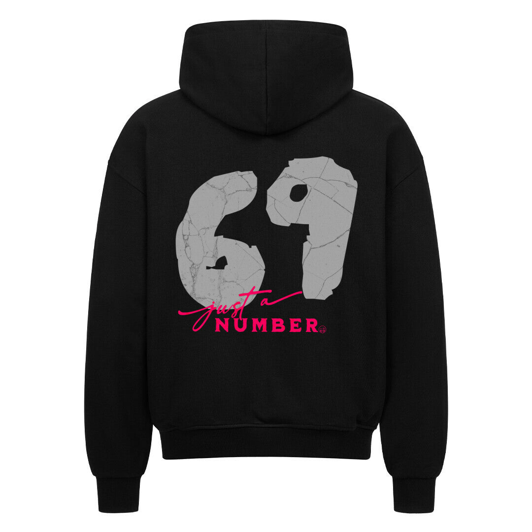 Stylischer 69er Premium-Zipper-Hoodie im Oversized-Schnitt, der neue Qualitätsstandards setzt. 69 Print Motiv Streetwear Sweatjacke
