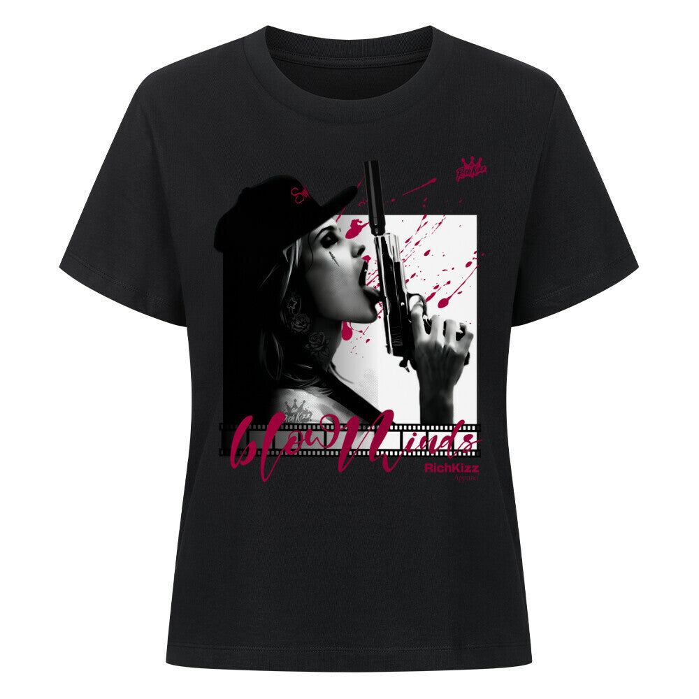 Gewagtes Damen Singlejersey im femininen Schnitt. Dieses Damen T-Shirt kommt nicht nur in feinster ringgesponnener Bio-Baumwolle, sondern auch mit einem Richkizz typischen extra provokanten Print, 100% gekämmte ringgesponnene Bio-Baumwolle, 180 GSM, Farbe schwarz, girls blow your mind Print Motiv