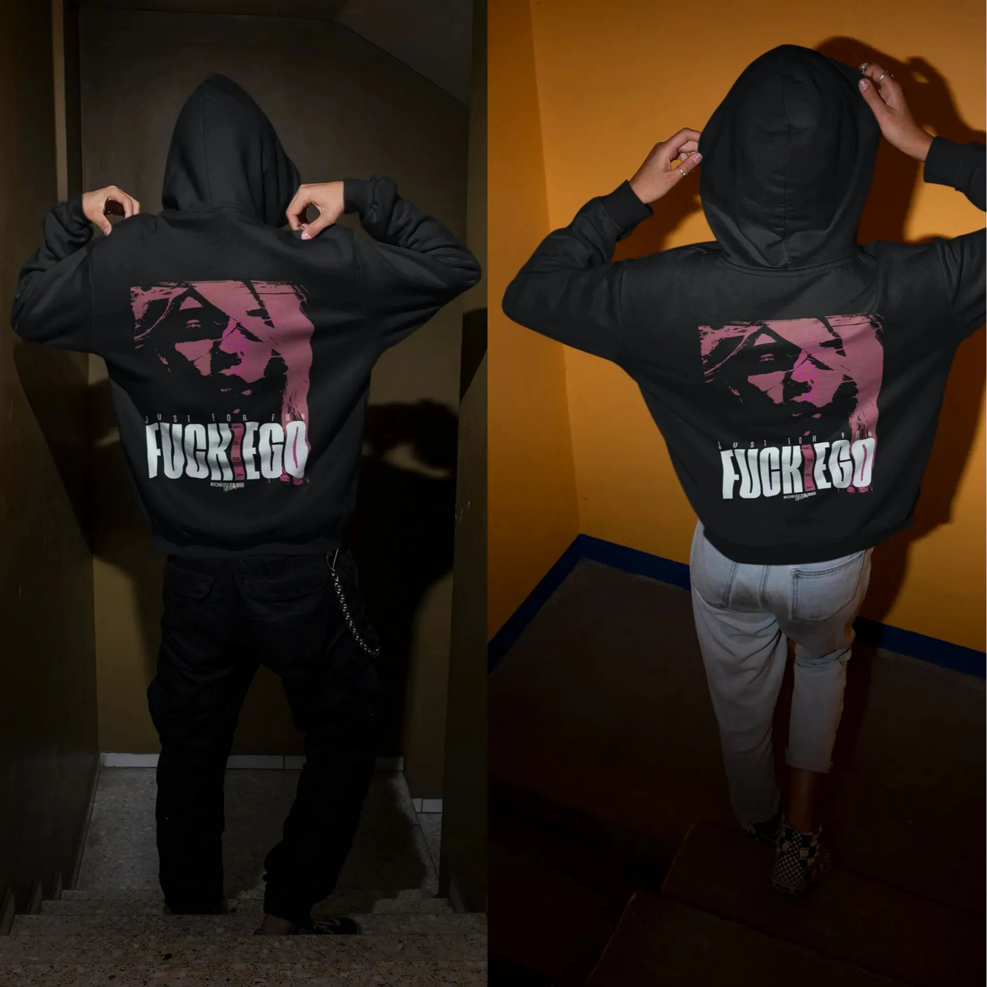 Unisex Kapuzenpullover mit Bauchtasche in normaler Passform. Gefertigt aus 85% Bio-Baumwolle und fck your Ego Print, für eine klare Ansage.
85% gekämmte ringgesponnene Bio-Baumwolle, 15% Polyester, 280 GSM, Farbe schwarz Streetwear Sweatshirt für Herren und Frauen