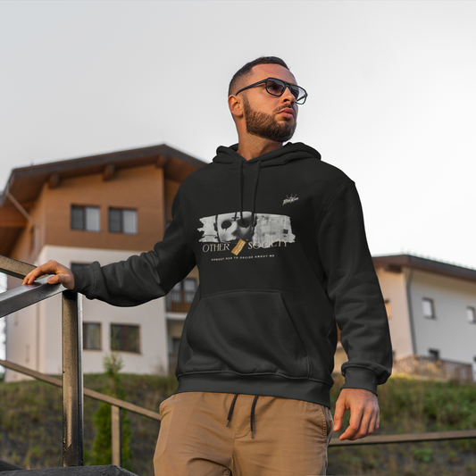 angesagter cooler herren hoodie von richkizz, other society motiv, schwarzer kapuzenpullover für männer streetwear hustler wear, selfmade millionär hoodie