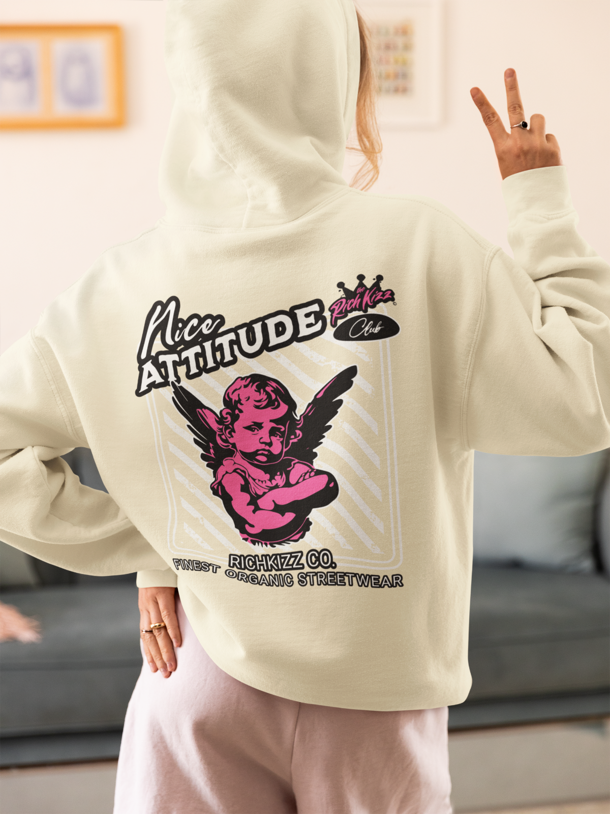 schöner Hoodie Frauen, Attitude gelb, Engel Motive, Streetwear Hoodie Richkizz Unisex