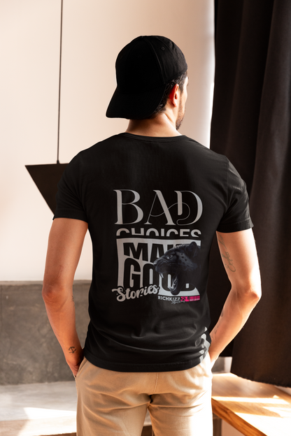 Bad_Choices_Shirt normaler schnitt männer schwarzes T-Shirt mit Panther Backprint make good stories cooles shirt für herren