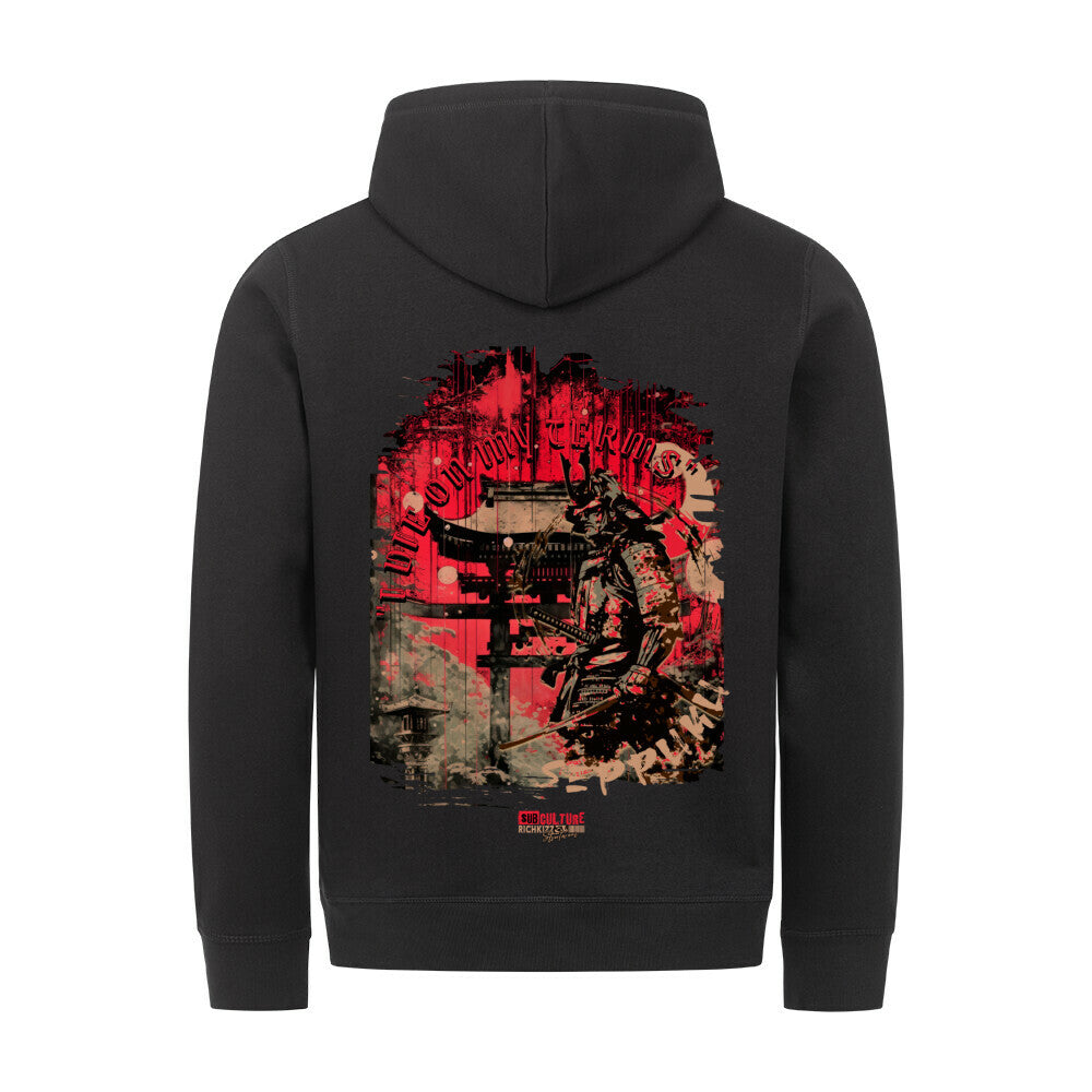 Kapuzenpullover für Männer mit richtig dicken Balls. Hochwertig und nachhaltig hergestellter Hoodie mit Bauchtasche in normaler Passform. Front und Backprint Bushido Samurai. Farbe Schwarz, Print Samurai