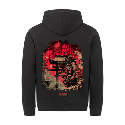 Kapuzenpullover für Männer mit richtig dicken Balls. Hochwertig und nachhaltig hergestellter Hoodie mit Bauchtasche in normaler Passform. Front und Backprint Bushido Samurai. Farbe Schwarz, Print Samurai