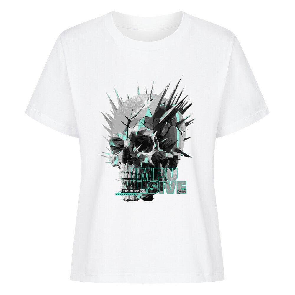 Impulsives Damen Singlejersey in normaler Passform. 100% gekämmte ringgesponnene Bio-Baumwolle, 180 GSM, eingesetzte Ärmel, 1x1 Rippstrick am Halsausschnitt, Girls Streetwear Shirt weiß mit Sull Print
