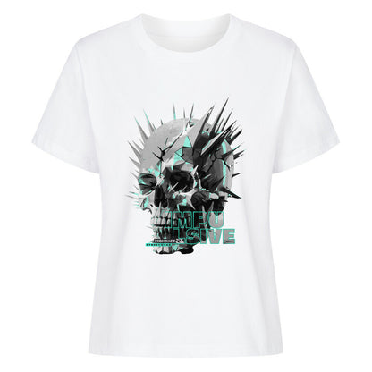 Impulsives Damen Singlejersey in normaler Passform. 100% gekämmte ringgesponnene Bio-Baumwolle, 180 GSM, eingesetzte Ärmel, 1x1 Rippstrick am Halsausschnitt, Girls Streetwear Shirt weiß mit Sull Print