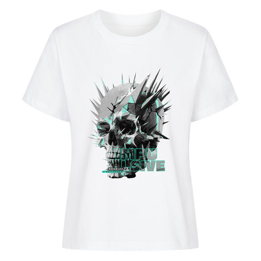 Impulsives Damen Singlejersey in normaler Passform. 100% gekämmte ringgesponnene Bio-Baumwolle, 180 GSM, eingesetzte Ärmel, 1x1 Rippstrick am Halsausschnitt, Girls Streetwear Shirt weiß mit Sull Print