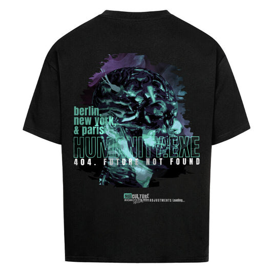 Die Welt im Chaos, Fehler 404 "future not found" trifft den Zahn der Zeit. Mit diesem Oversized Herren Shirt, bekommst du ein echtes Brett in Sachen Design, schwarzes oversize T-Shirt mit Print