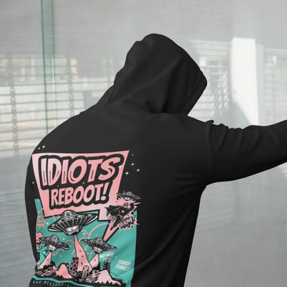 Herren Hoodie Premium Idiots Reboot, schwarzer Designer Kapuzenpullover mit Taschendruck Ufo Comic Style, Sweatshirt für Männer mit Druck