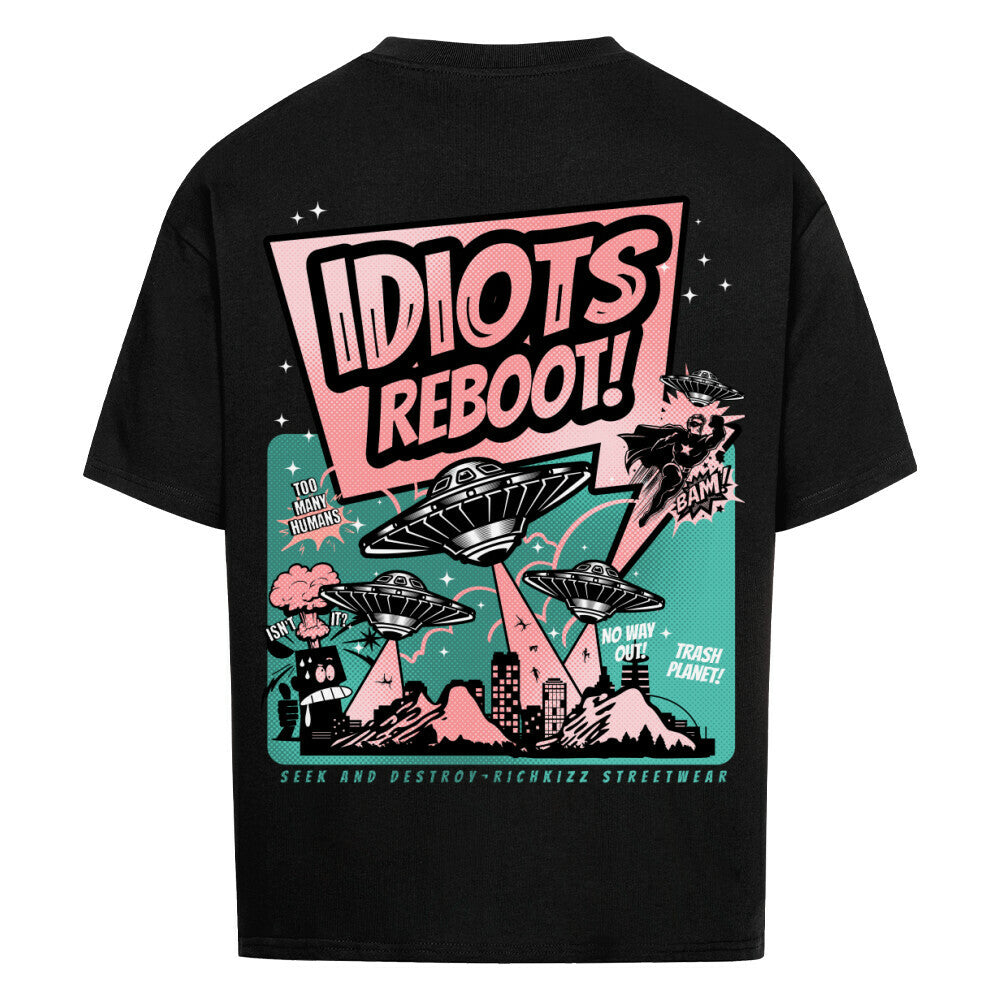 Herren Oversized Shirt "Idiots Reboot" schwarz mit coolem angesagtem ufo Print witzig