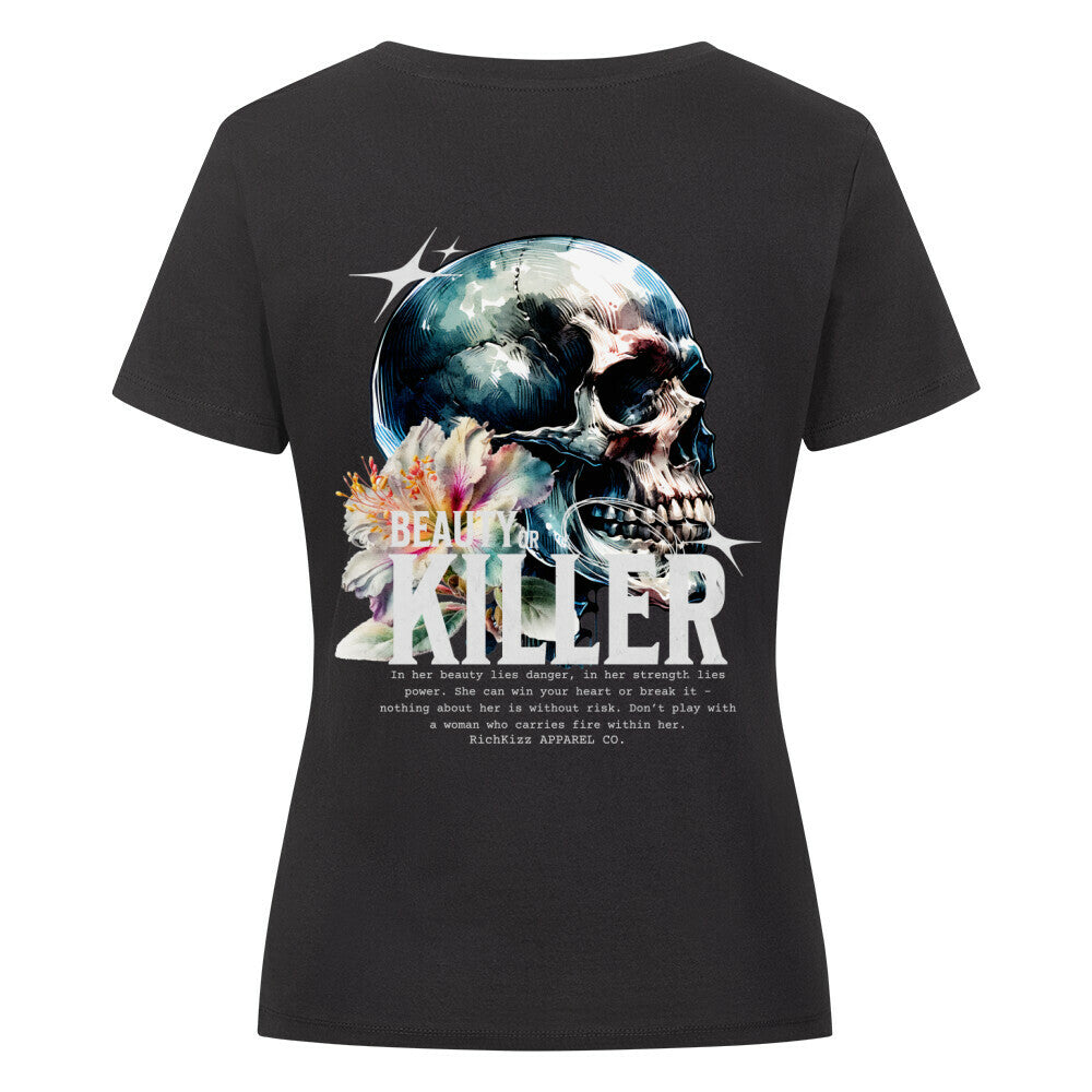 Killer Frauen Streetwear Shirt von Richkizz, Skull und Blumen Design in schwarz, black T-Shirt fitted Damen