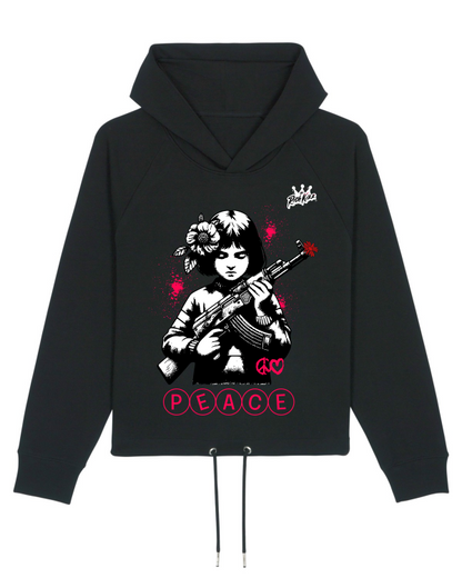 Kurzer Damen Kapuzensweat Richkizz Peace Sweatshirt für Frauen cropped Kurzer Kapuzenpullover Damen schwarz