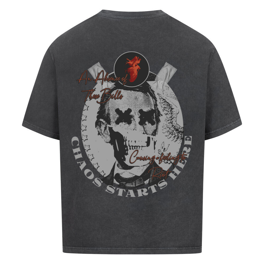 Washed Black Shirt im Oversized Schnitt für Männer. Lincoln, Kapitalismus-Chaos, willkommen in der Welt der Gier. Hochwertig verarbeitetes schweres Oversized Tee in washed black, Fällt groß aus! 100% Baumwolle