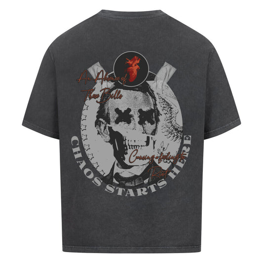 Washed Black Shirt im Oversized Schnitt für Männer. Lincoln, Kapitalismus-Chaos, willkommen in der Welt der Gier. Hochwertig verarbeitetes schweres Oversized Tee in washed black, Fällt groß aus! 100% Baumwolle