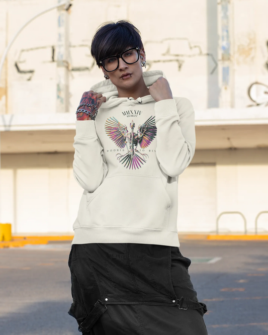 Damen Premium Hoodie - DOOMED! Mit dem gemütlichen Schnitt und dem dezenten Streetwear Design bringt er deine feminine Seite perfekt zur Geltung. Einfach perfekt für lässige, aber dennoch stylische Looks, Farbe natural raw Kapuzenpullover Frauen, süsses Seatshirt für Frauen, gerfertigt aus Bio Baumwolle