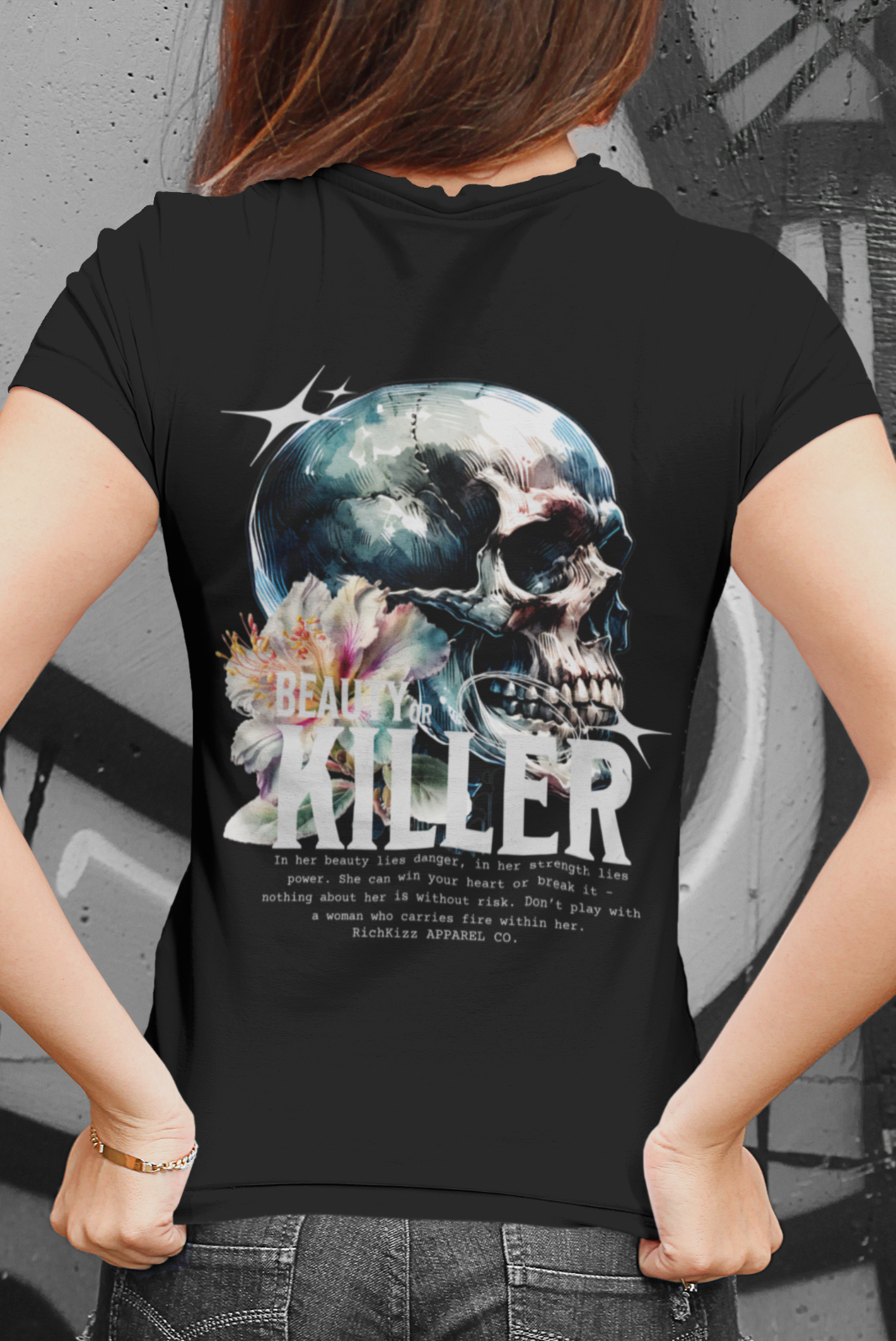 Killer Frauen Shirt von Richkizz Streetwear, Skull Motiv in schwarz, black T-Shirt enganliegend Damen