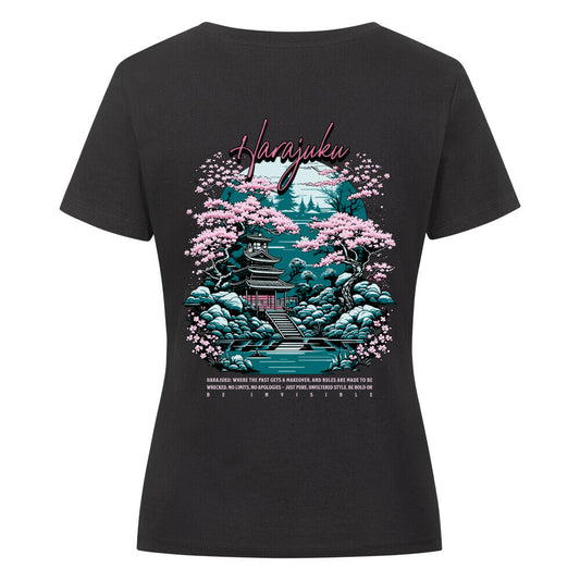 Singlejersey in normaler Passform im Damen-Schnitt aus der Harajuku Streetwear Edition. Japan Streetwear Sakura Frauen T-Shirt schwarz rosa