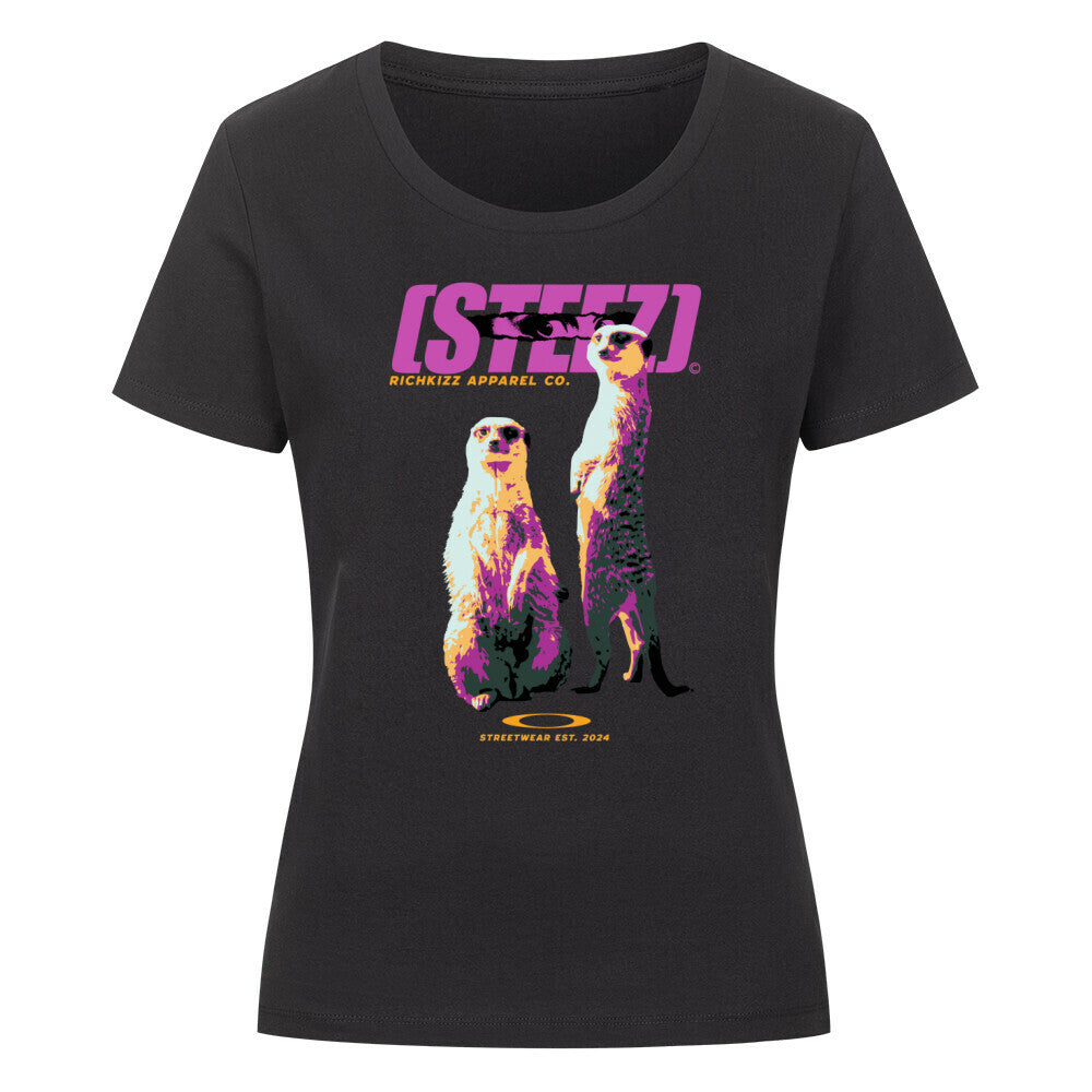 Steez organic Damen Shirt, lässige stylische Streetwear T-Shirts schwarz mit Erdmännchen Print