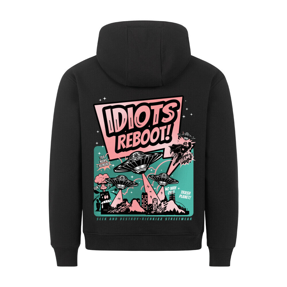 Herren Hoodie Premium Idiots Reboot, schwarzer Designer Kapuzenpullover mit Taschendruck Ufo Comic Style, Sweatshirt für Männer mit Druck black rosa mint