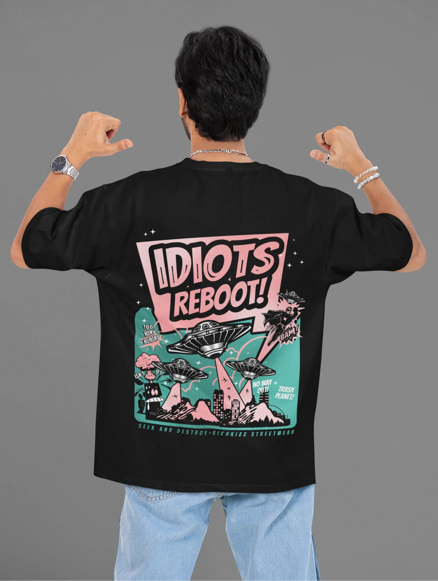 Herren Oversized Shirt "Idiots Reboot" schwarz mit coolem angesagtem ufo Print witzig