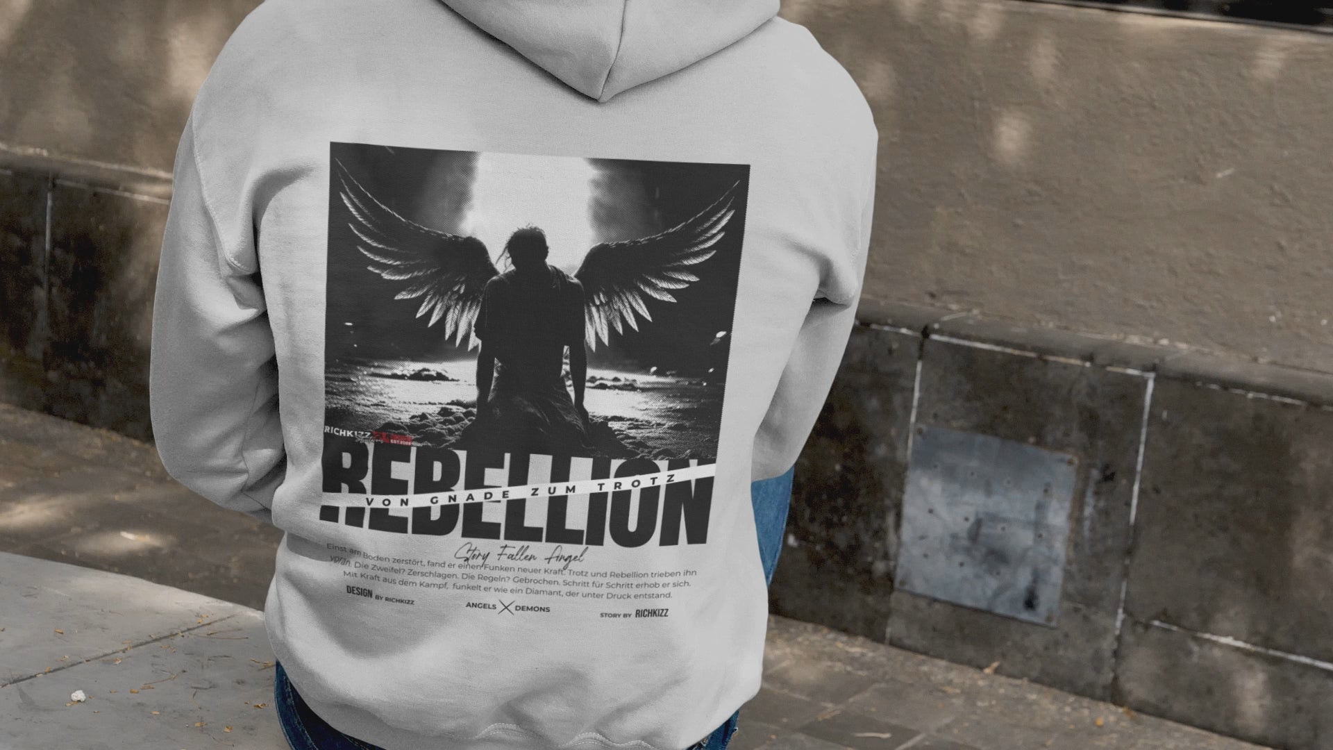 Rebellion Hoodie Richkizz Streetwear Angels Kapuzenpullover grau rot